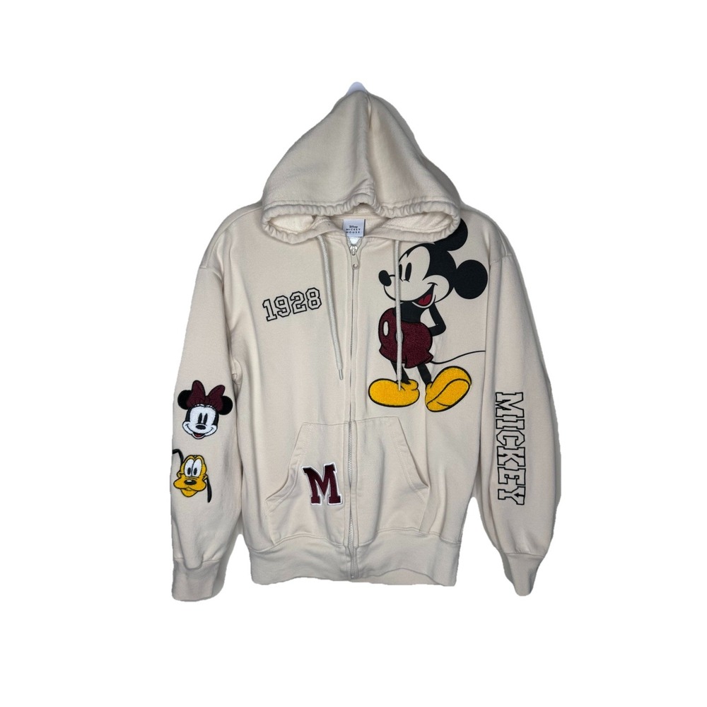 Disney‎ Mickey Mouse Women's XS Full Zip Sweatshirt Hoodie Chenille Patches